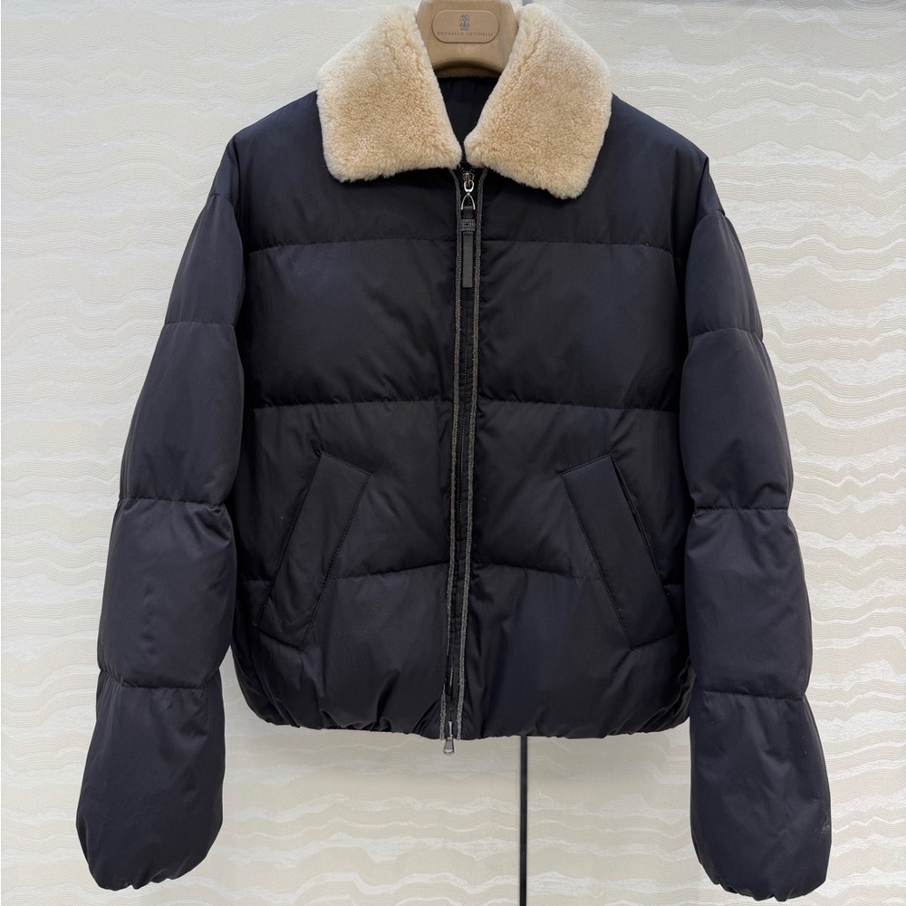 Brunello Cucinelli Black Puffer Jacket with Cream Shearling Collar